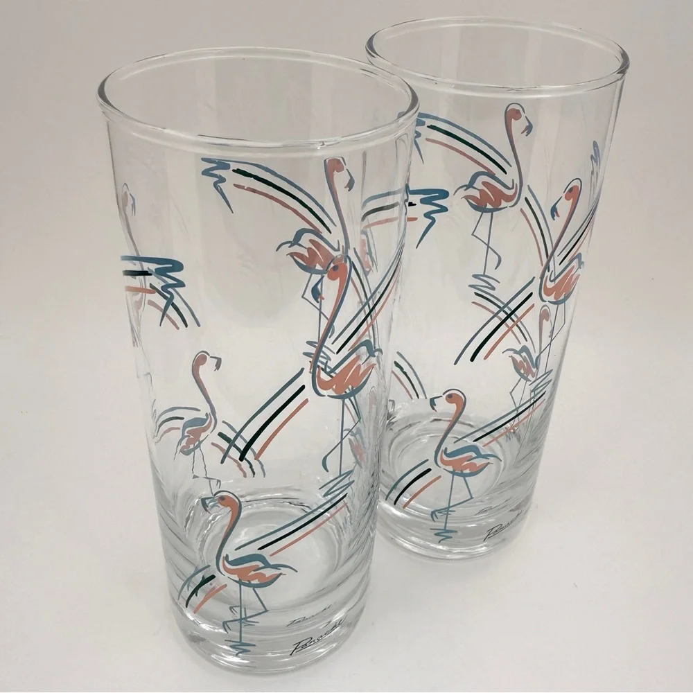 Vintage MCM 1960s Panache Flamingo Tumbler Highball Bar Glasses Set of 2